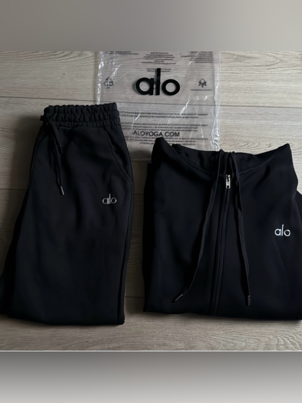 ALO Yoga Black Hoodie and Jogger Set with Silver Logo